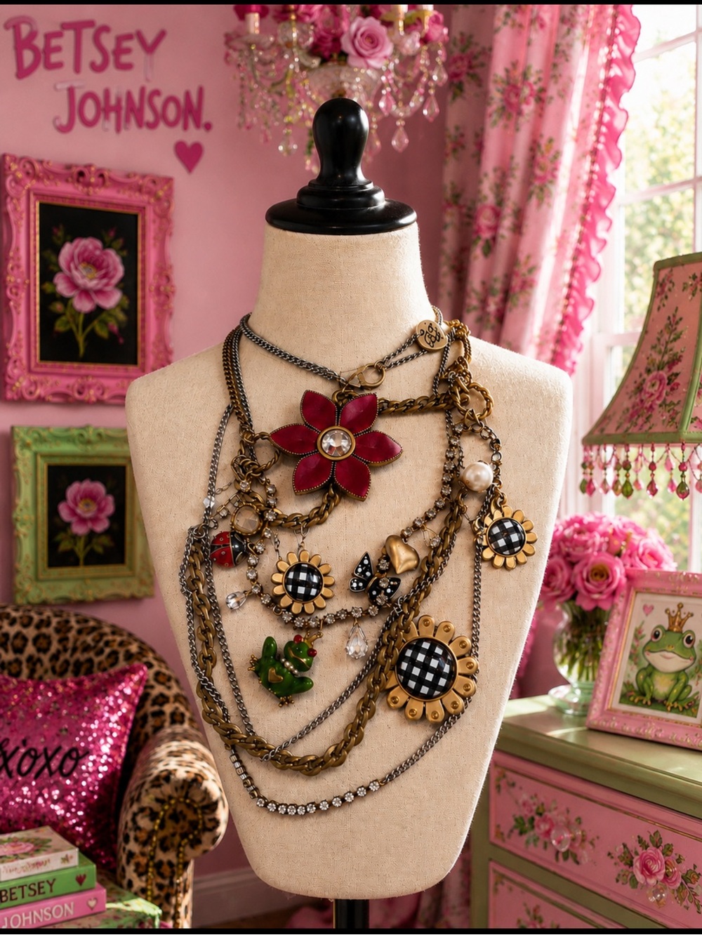 Vintage Betsey Johnson Layered Multi-Charm Necklace in Red, Black, Gold & Green